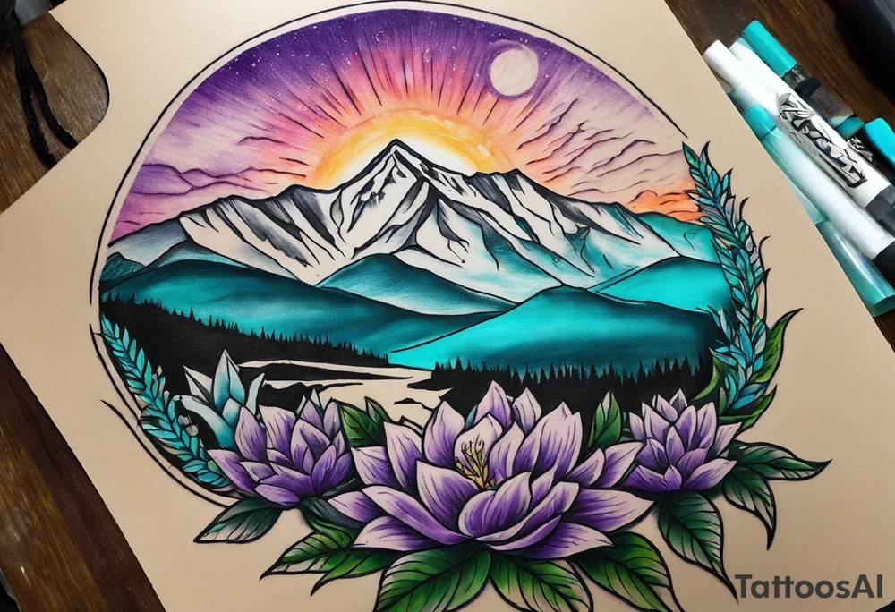 half sleeve tattoo on my shoulder. It features pikes Peak mountain, with a compass rose rising up from behind the mountain like a sunrise. In front of the mountains, there are purple and teal flowers. tattoo idea
