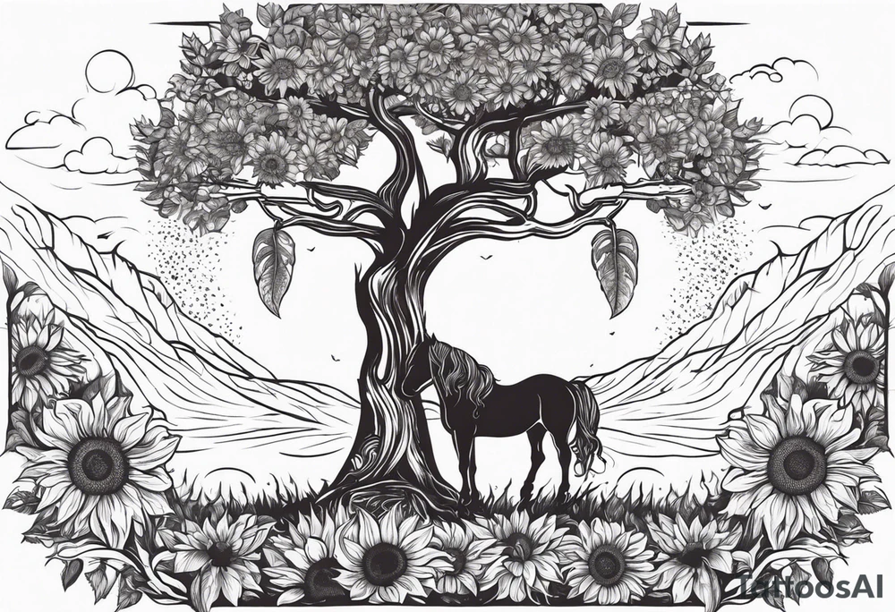 Yggdrasil tree, horse in front of it, and sunflowers tattoo idea