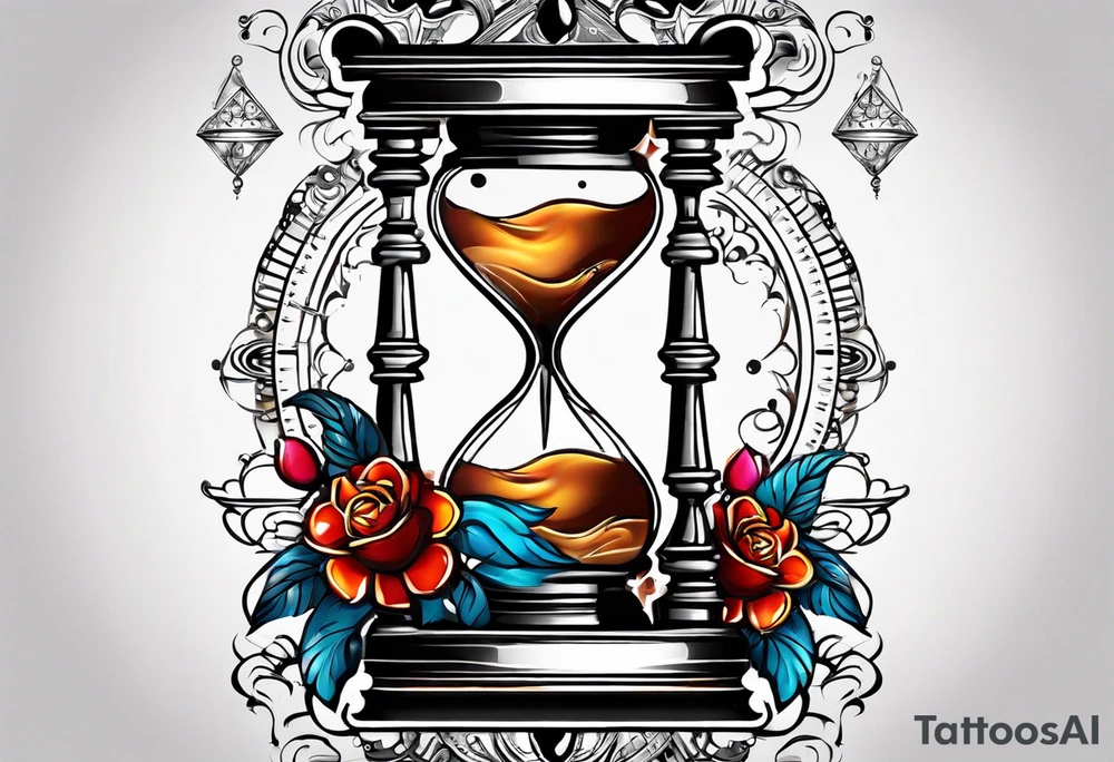 Mix an hourglass with a nautical clock with the addition of planets, galaxies and flower spikes to give a design to print on a t-shirt, the design should be in one color in the form of a tattoo and all the shapes should be mixed to give one shape tattoo idea