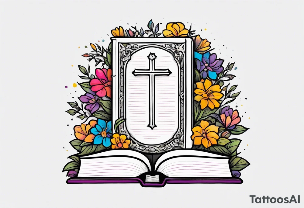 front of bible with cross on bible surrounded by flowers
colorful bold colors tattoo idea