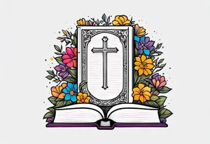 front of bible with cross on bible surrounded by flowers
colorful bold colors tattoo idea