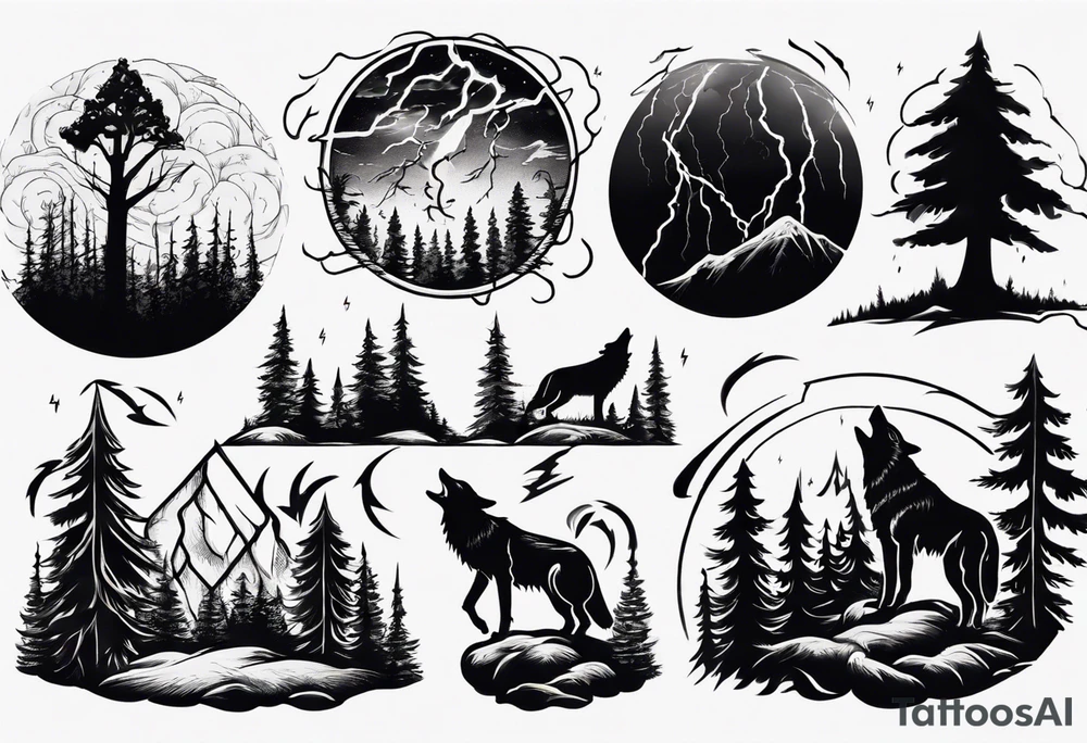 a thunder and lightning storm over a forest with a distant wolf howling and a drum circle tattoo idea a thunder and lightning storm over a forest with a distant wolf howling and a drum circle tattoo idea
