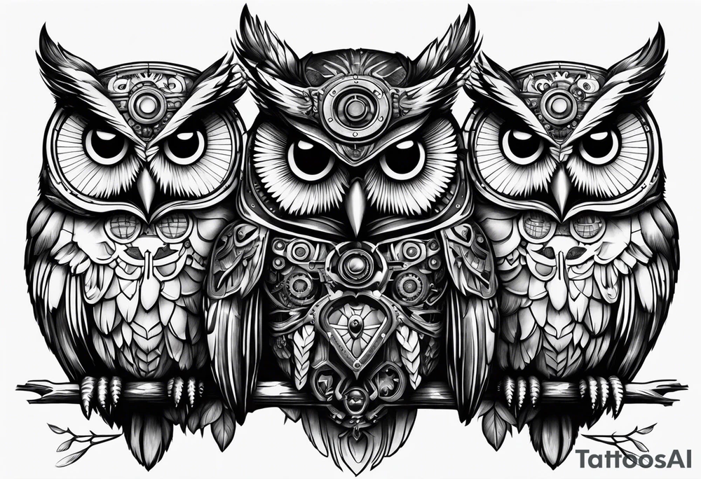 three headed owl in steampunk tattoo idea