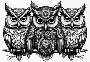 three headed owl in steampunk tattoo idea