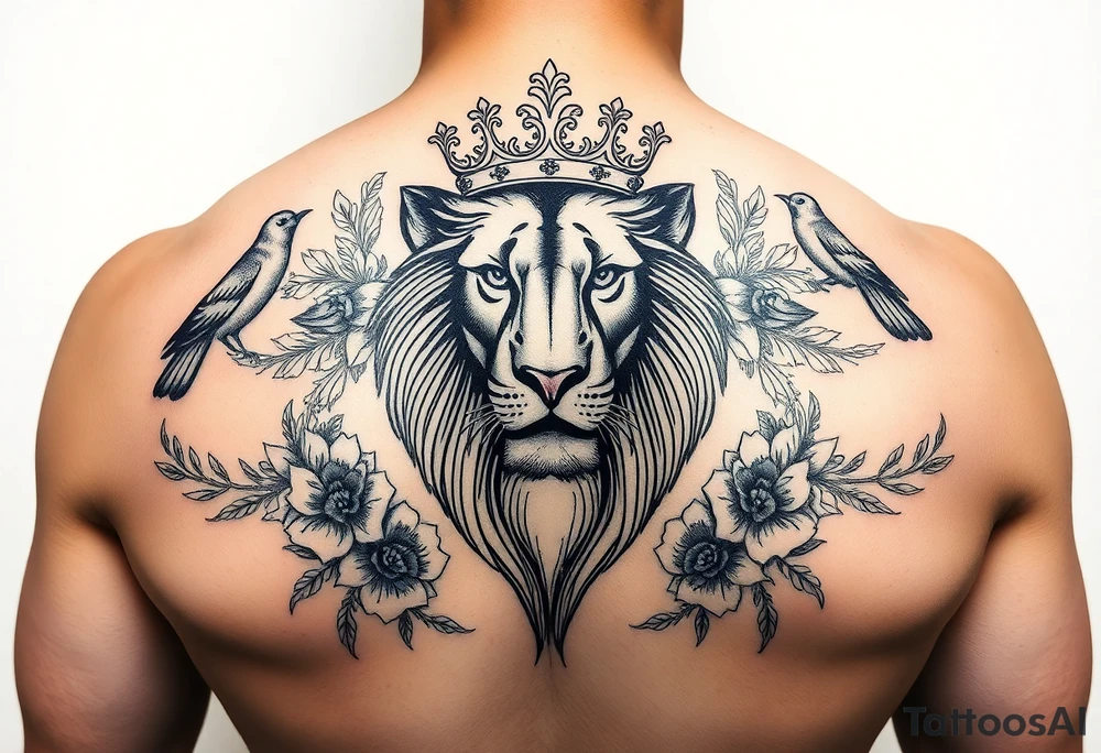 powerful majestic lion with a crown, surrounded by floral ornaments and birds tattoo idea