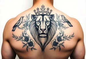powerful majestic lion with a crown, surrounded by floral ornaments and birds tattoo idea