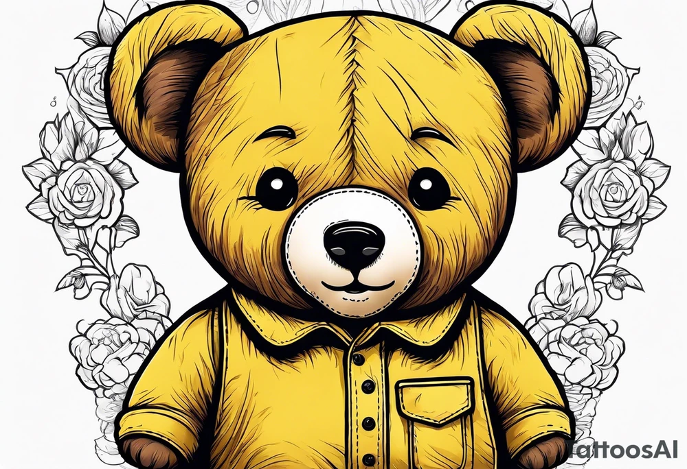 the back of a standing brown 
teddy bear in yellow , long overalls tattoo idea
