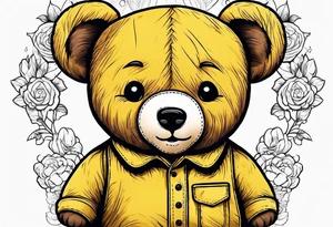 the back of a standing brown 
teddy bear in yellow , long overalls tattoo idea