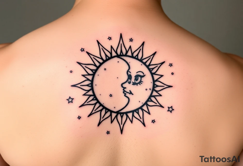 celestial sun and moon embrace with constellation patterns tattoo idea