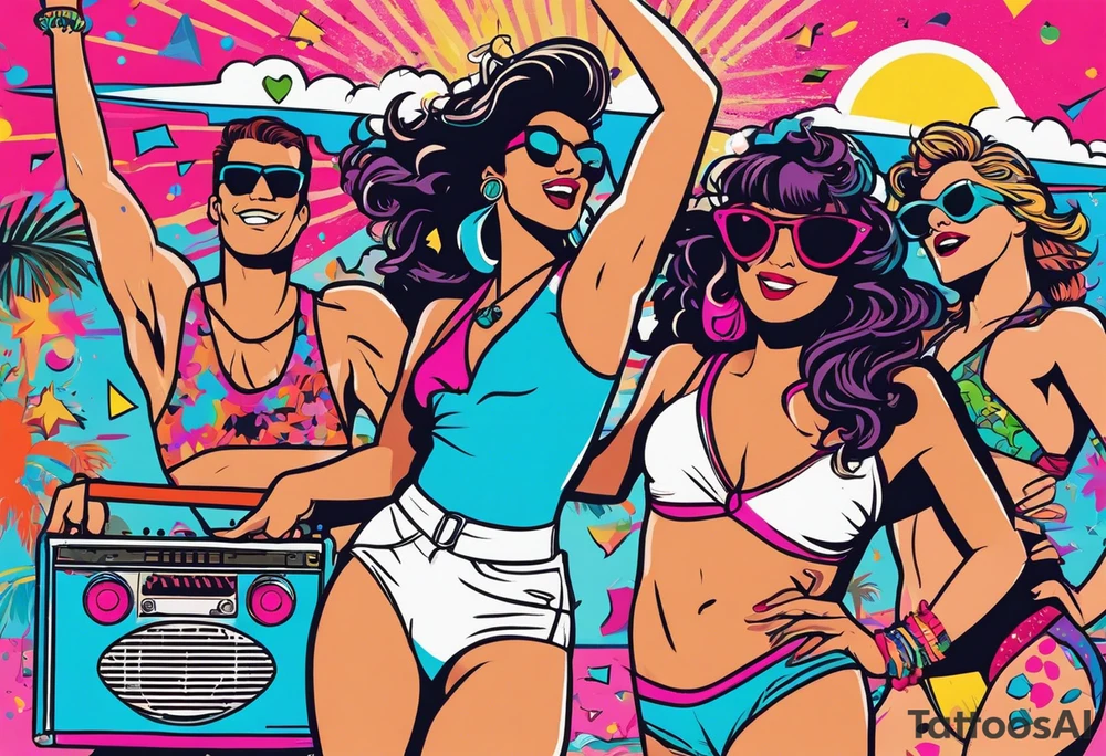 1980's miami vice style beach dance 
party, include confetti, music notes, boom box, bikinis tattoo idea
