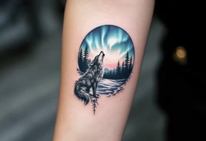 lone wolf howling at full moon with northern lights backdrop tattoo idea