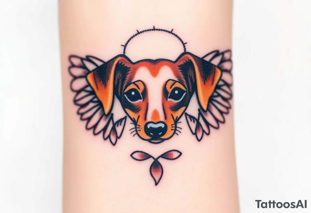 Dachshund ears inside wings with a halo above tattoo idea