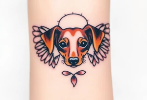 Dachshund ears inside wings with a halo above tattoo idea