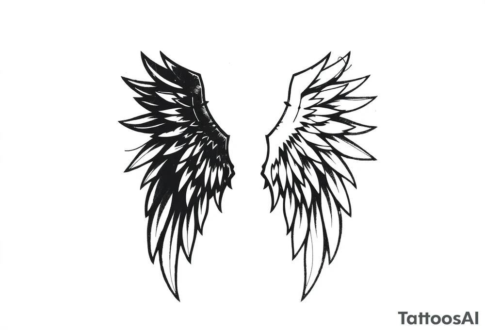 the wings go up

This tattoo design features a pair symmetrical angel wings drawn in black ink with a rough, sketch-like style. The left wing is darker, more defined, and appears denser, while the right wing is lighter, more delicate, and fragmented, creating a contrast between the two. The feathers are sharp and irregular, with fine lines and stray strokes extending outward, adding a raw and artistic feel. The overall look is dynamic and slightly chaotic, giving the impression of movement or an unfinished, ethereal form. This design symbolizes duality, freedom, transformation, or even struggle, making it a meaningful and visually striking tattoo. tattoo idea