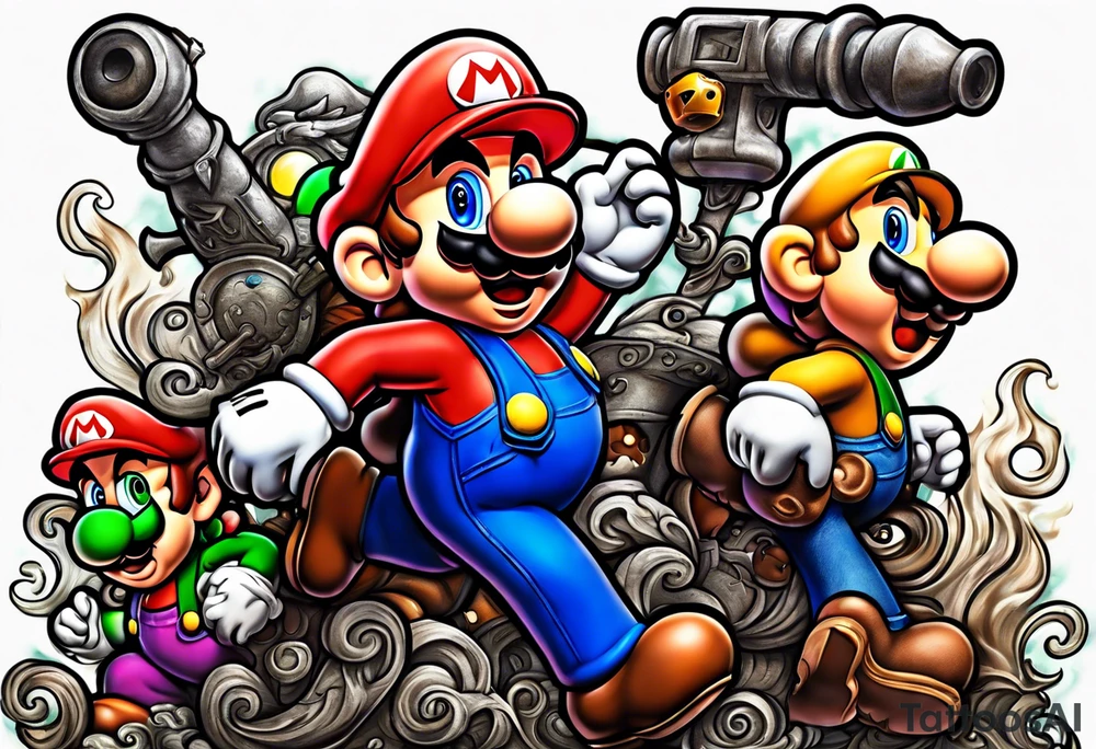 Mario brothers with ghosts and goombas with canons tattoo idea