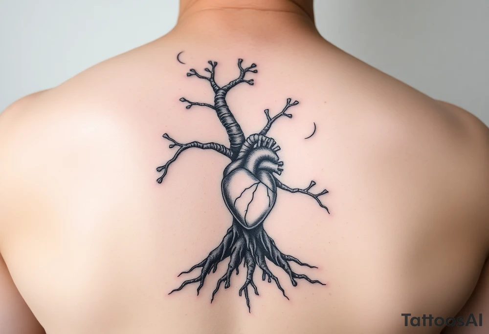 DNA tree trunk with roots and anatomical heart inside the roots tattoo idea