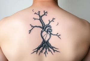 DNA tree trunk with roots and anatomical heart inside the roots tattoo idea