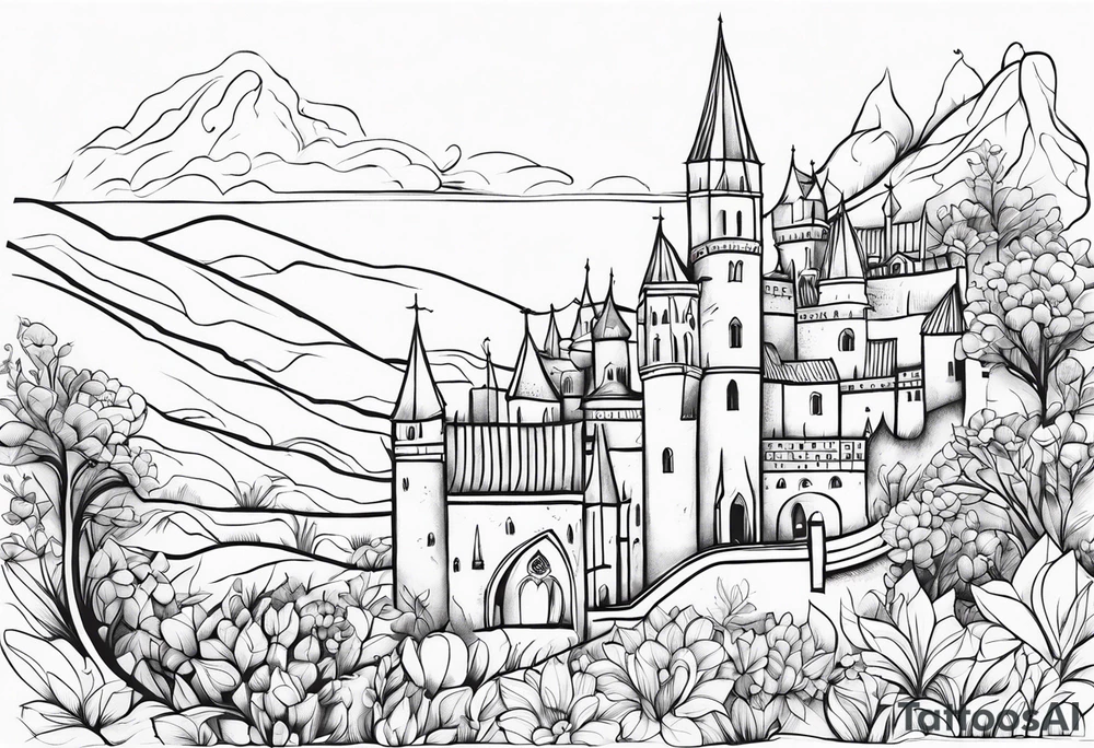 medieval tribal city floral  land  vignette tattoo idea