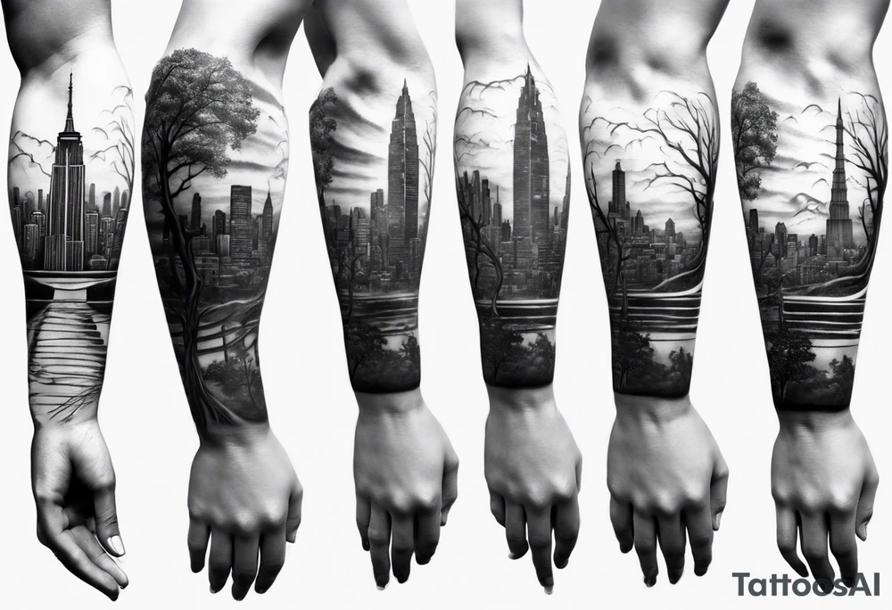 full arm sleeve tattoo a tree that looks like a DNA strand with a city skyline tattoo idea