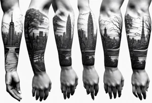 full arm sleeve tattoo a tree that looks like a DNA strand with a city skyline tattoo idea
