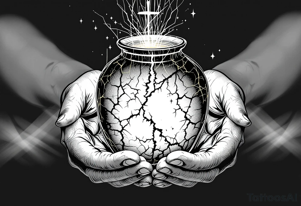 A black and white tattoo that captures both the fragility of the jar and the treasure inside can be incredibly symbolic. Here’s a refined concept that integrates both elements:

Cracked Jar with Glowing Treasure Inside:
- The Jar: The main design can be a clay jar, slightly cracked, representing human fragility.
- The Cracks: From the cracks in the jar, light pours out—symbolizing the divine treasure (God’s power) within. You can emphasize the cracks with golden lines (like kintsugi) to show that even in brokenness, there is beauty.
- The Treasure: Inside the jar, you could depict glowing treasures, such as gold coins, a radiant heart, or even spiritual symbols like a cross, a dove, or a light-filled crown. The treasure doesn’t have to be too literal—just enough to show that what’s inside is precious and divine.

### Additional Elements:
- Hands Holding the Jar: To further emphasize fragility and care, you could add divine or human hands gently holding the jar, symbolizing protection despite its weakness.
- Scriptural Reference: Around or beneath the jar, you could include "2 Corinthians 4:7" in a graceful script to anchor the design in its biblical meaning.
  
This concept unites the theme of human fragility and God's power, using the cracked jar as the vessel that reveals the treasure within. tattoo idea