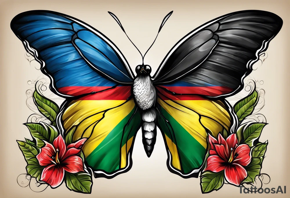 Ghana flag,Curaçao flag, flowers, hummingbirds,  butterflies, Ghana country, Curaçao island tattoo idea