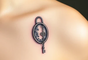 An open silver lock with swirling floral engravings, with a matching silver key hanging from a delicate chain tattoo idea