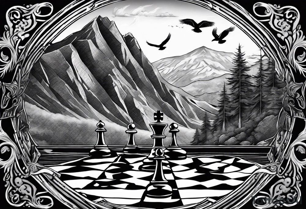 chessboard with king and queen piece, background in a mountain in the rain and ravens tattoo idea