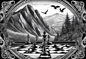 chessboard with king and queen piece, background in a mountain in the rain and ravens tattoo idea