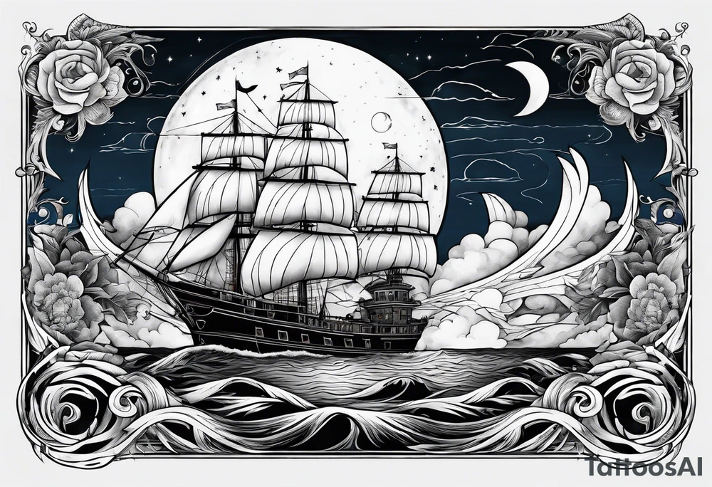 bateau, phare maritime, phoenix et lune bleu. tattoo idea