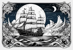 bateau, phare maritime, phoenix et lune bleu. tattoo idea
