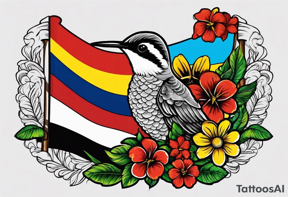 Ghana flag,Curaçao flag, flowers, hummingbirds,  butterflies, Ghana country, Curaçao island tattoo idea