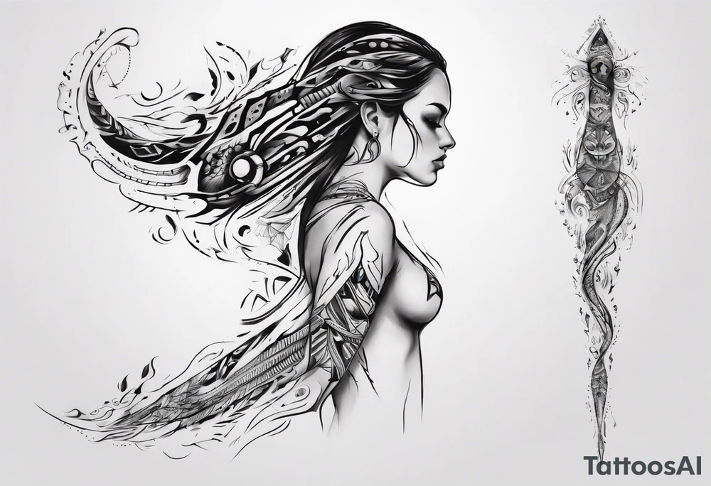 a neotribal spine tattoo that includes a woman floating tattoo idea