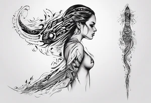 a neotribal spine tattoo that includes a woman floating tattoo idea
