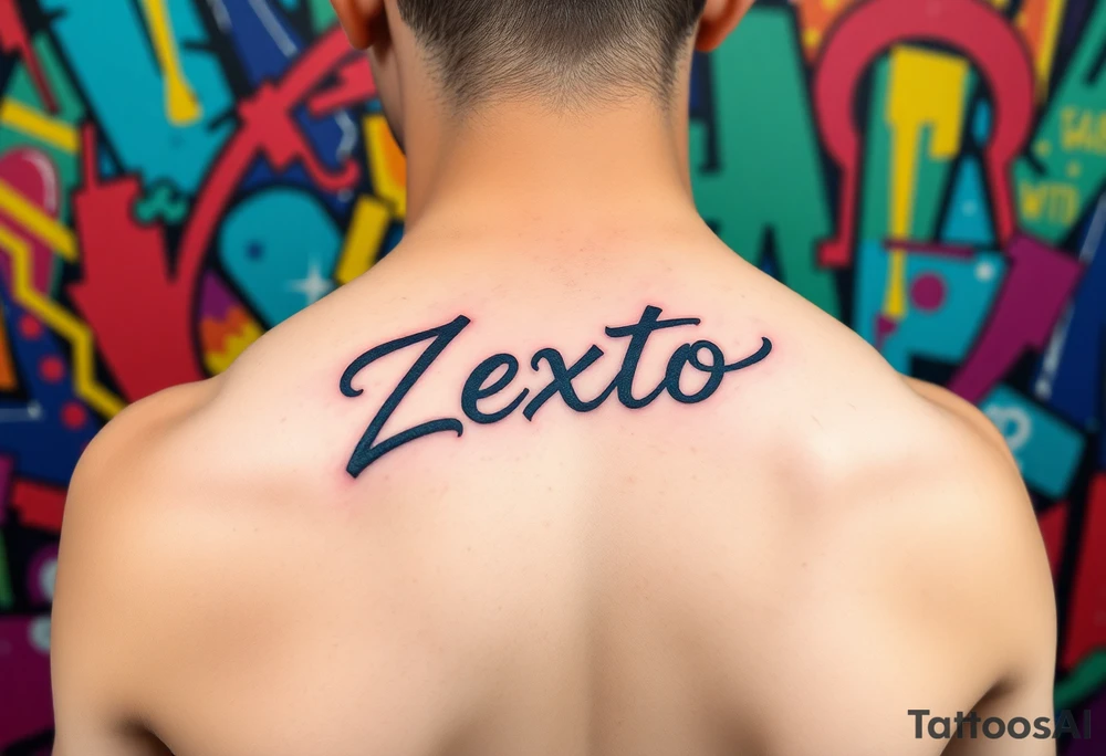 A bright colored graffiti style background with the name Zexto in script tattoo idea