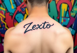 A bright colored graffiti style background with the name Zexto in script tattoo idea