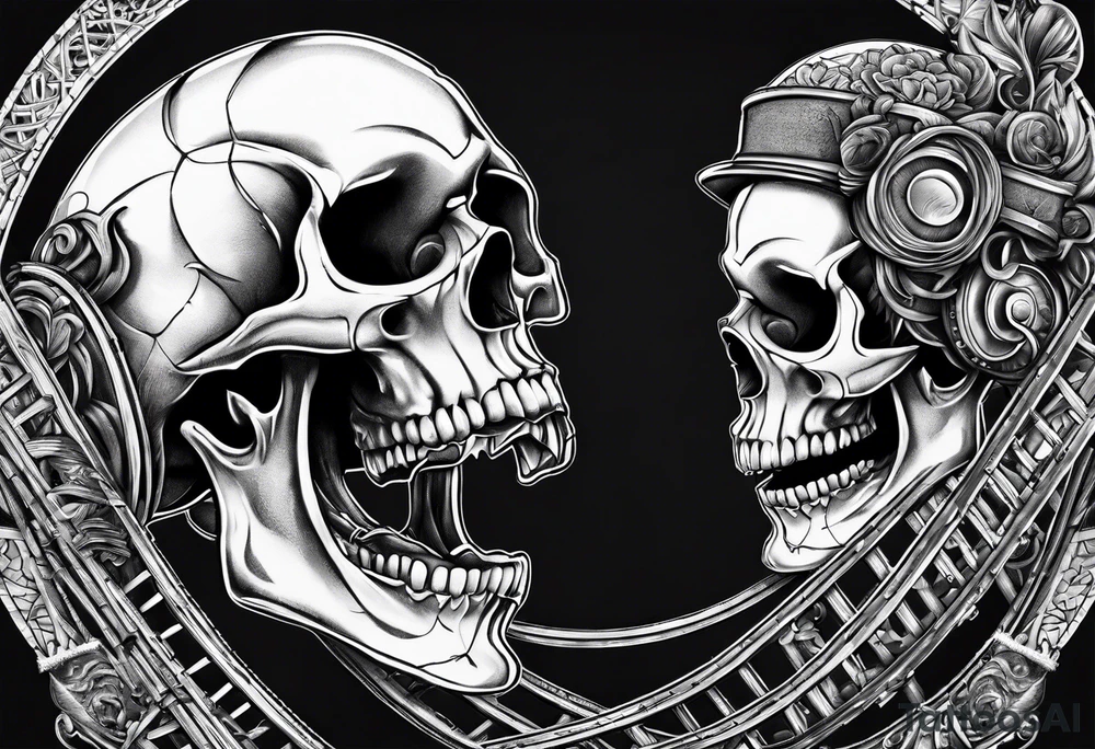 skull halves stitched together with roller coaster track tattoo idea