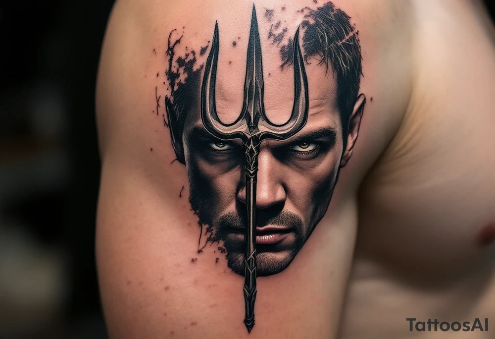 close-up Dexter Morgan face behind a trident tattoo idea