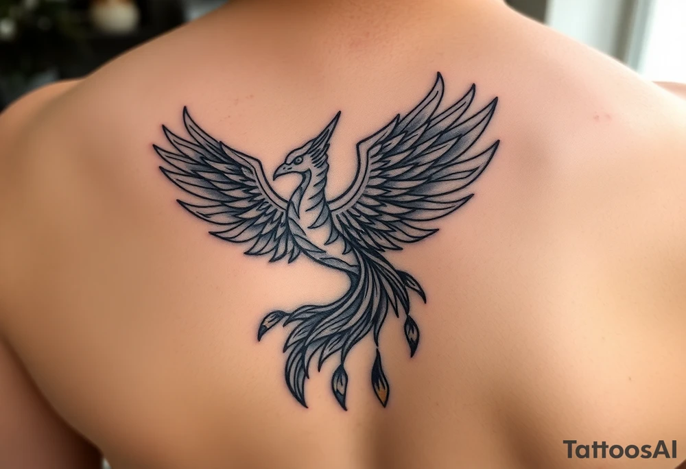 magnificent phoenix rising from golden flames with trailing embers tattoo idea