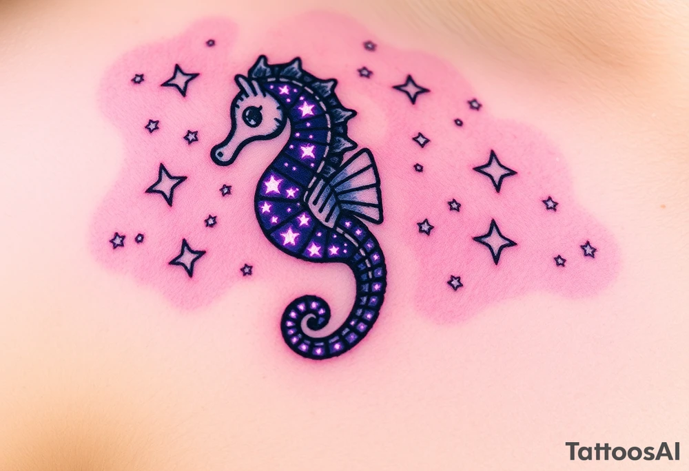 A celestial seahorse floating among the stars, its body made of constellations glowing in purples and silvers. tattoo idea