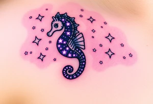 A celestial seahorse floating among the stars, its body made of constellations glowing in purples and silvers. tattoo idea