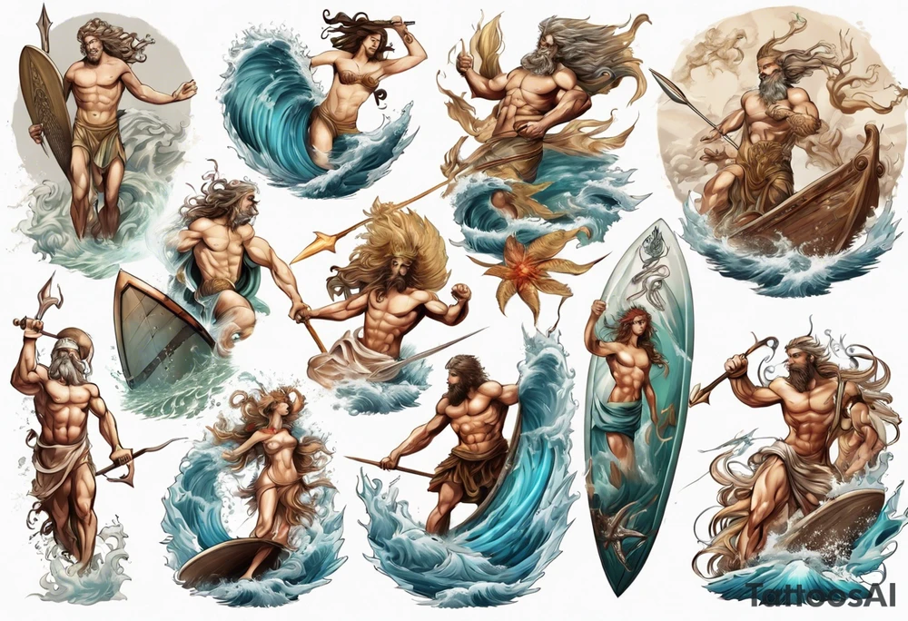 Ancient Greek gods of the sea fighting with surfer  and trident  with other gods and Greek nymphs tattoo idea