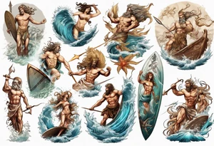 Ancient Greek gods of the sea fighting with surfer  and trident  with other gods and Greek nymphs tattoo idea