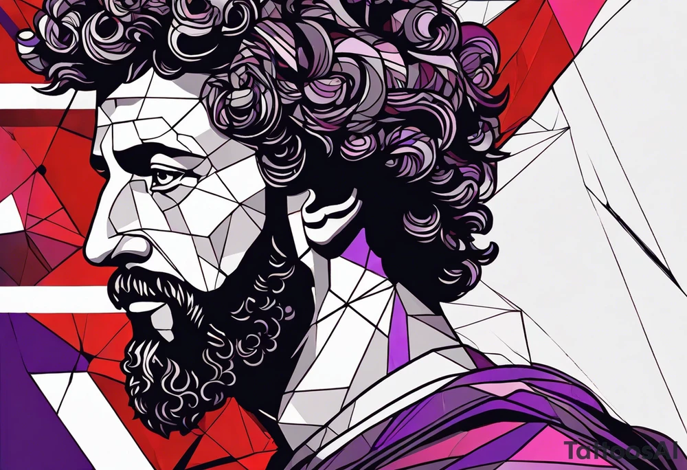 The Face of marcus aurelius with the lower left half missing. He is looking slightly away at 25 degrees. Geometric symbols framing the background. The background has small color splashes of red and purple. tattoo idea
