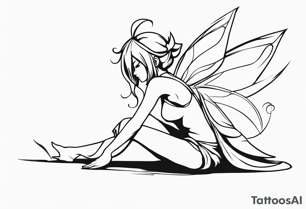 No color sketch of a fairy with a tail inspired by the guild symbol in the anime show called Fairy Tail in a fetal position leaning forward while crawled in hugging herself with hands a bit forward and her body is an angle while floating in the air tattoo idea
