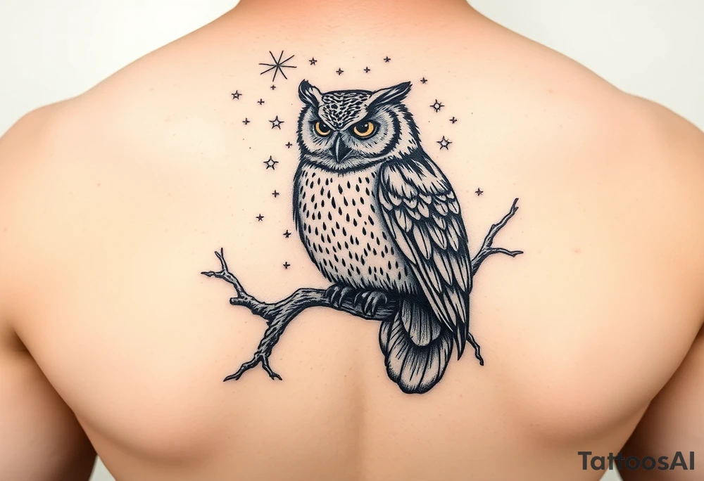 wise owl perched on ancient oak branch under starlit sky tattoo idea