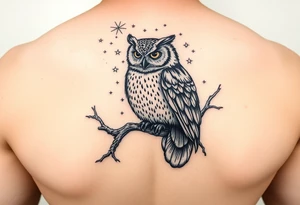 wise owl perched on ancient oak branch under starlit sky tattoo idea