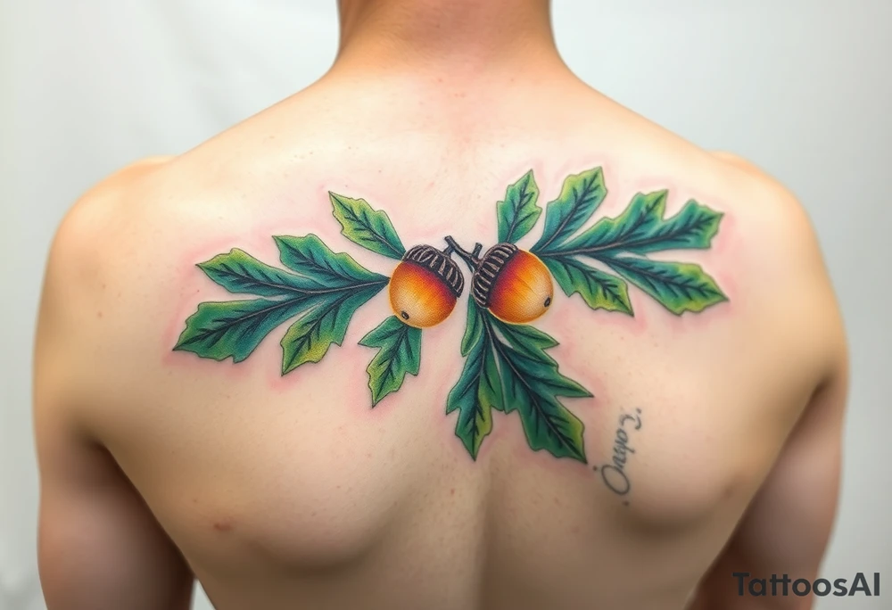 on the hand an oak branch with thick leaves and acorns an oak branch with thick leaves and acorns oak branch with thick leaves and acorns tattoo idea