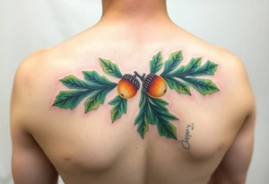 on the hand an oak branch with thick leaves and acorns an oak branch with thick leaves and acorns oak branch with thick leaves and acorns tattoo idea