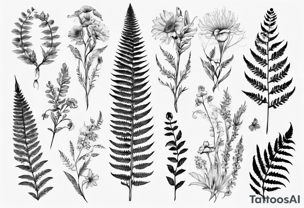 Sword fern and Vancouver island wildflowers tattoo idea